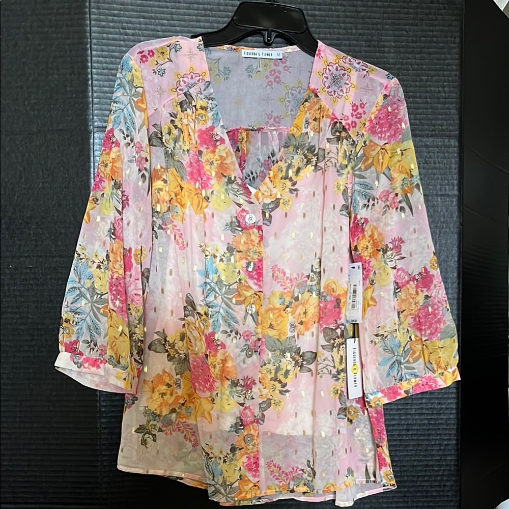 Figueroa and Flower Floral Chiffon Blouse - Pink and Yellow Medium NWT